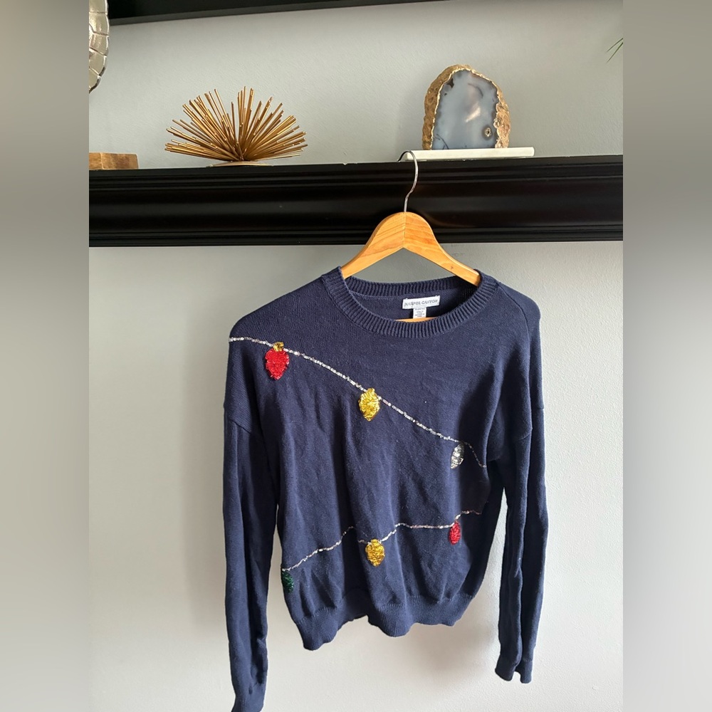 Harper Canyon Navy Knit Crewneck Sweater with Sequin Christmas Bulbs